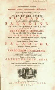 Title page of the first print edition of Ibn Shaddad's "Life of Saladin," a bilingual Arabic-Latin volume published in Leiden in 1732